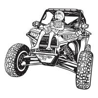 Alien sitting on ATV truck black and white vector line art