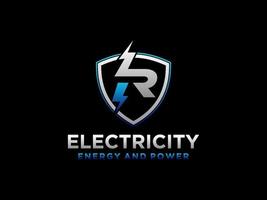 Initial Letter R Electricity Logo. Blue Thunderbolt Flash Icon with Circle Line Frame isolated on Black Background. vector