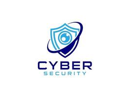 Abstract Cyber Security Logo Line. Blue Light Shield Icon Linear Style with Eye Lens Camera Combination isolated on White Background. Flat Vector Logo Design Template Element.
