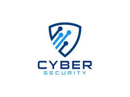 Abstract Cyber Security Logo Line. Blue Light Shield Icon Linear Style with Eye Lens Camera Combination isolated on White Background. Flat Vector Logo Design Template Element.