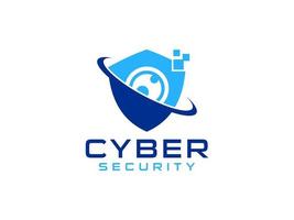 Abstract Cyber Security Logo Line. Blue Light Shield Icon Linear Style with Eye Lens Camera Combination isolated on White Background. Flat Vector Logo Design Template Element.