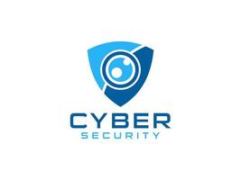 Abstract Cyber Security Logo Line. Blue Light Shield Icon Linear Style with Eye Lens Camera Combination isolated on White Background. Flat Vector Logo Design Template Element.