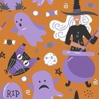 Seamless background for Halloween with owl, witch and ghosts. Flat vector illustration. Childish pattern.