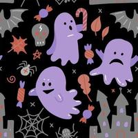 Halloween dark seamless pattern. Vector flat illustration with ghost, candy and other Halloween attributes. For printing, backdrop and textile.