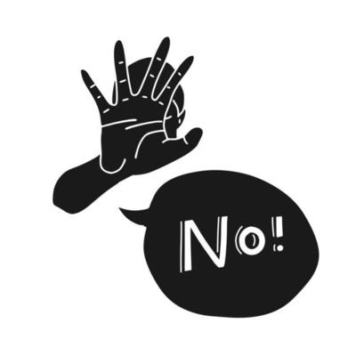Female character expressing denial NO wtih her hand and in the speech bubble. Stop domestic violence and crime against females. No means no - concept. Vector simple silhouette illustration