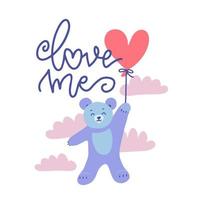 Cute Valentine Teddy Bear With Red Heart Balloon flying in cloudy sky. Vector flat hand drawn illustration with lettering text - Love me.