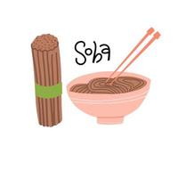 juego de cocina soba. fideos de soba de trigo sarraceno crudos y hervidos en un tazón aislado sobre fondo blanco. ilustración vectorial de comida japonesa, granos de trigo sarraceno y palillos en estilo sencillo y plano. vector