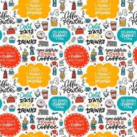 Cafe seamless pattern with doodle coffee, tea, cups and desserts, speech bubbles and letterign quotes. Background texture for menu design. Hand drawn linear bright illustration. vector