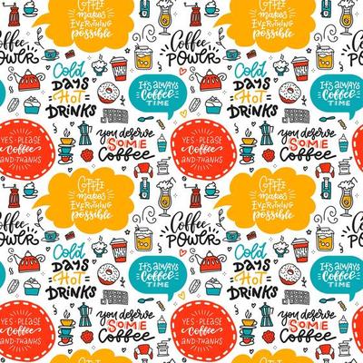 Cafe seamless pattern with doodle coffee, tea, cups and desserts, speech bubbles and letterign quotes. Background texture for menu design. Hand drawn linear bright illustration.