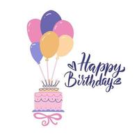 Beautiful big cake flying on bunch of balloons. Festive attributes of Birthday festive party. Greeting card with lettering and flat vector illustration.