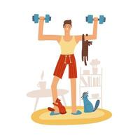 Attractive young man doing a home workout. tree naughty cats are sitting on hin and diverting. The guy lifts a dumbbells. Funny Home workout. Vector flat illustration.