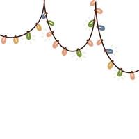 Hanging decorative Christmas lights. String garland with colorful lamps. Hand drawnc flat vector illustration isolated on white background.