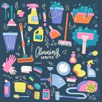 Set of Household cleaning supplies isolated icons in hand drawn flat style. Washing tools vector cartoon illustrations bucket, chemistry . Graphic concept for web sites, banner, mobile apps