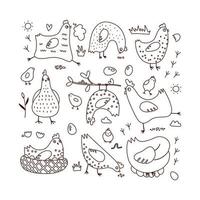 Set of doodle vector illustrations with hens and chicks. Outline hand drawn coloring page. Black on white linear clipart.