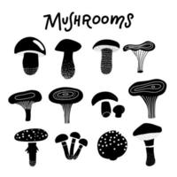 Black silhouette of forest mushrooms. Decorative doodle black and white mushrooms illustration. Vector clipart isolated on white background.