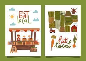 comer local - conjunto de pancartas a4 con texto de letras. concepto de mercado de agricultores. alimentación saludable. verduras frescas de temporada en cajas de madera en el puesto. campos verdes. ilustración plana vectorial. vector