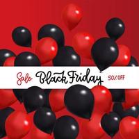 Black Friday Sale Banner with Black and red Balloons around white ribbon with gand drawn lettering text.. Vector 3d realistic illustration.