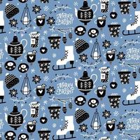 Blue winter seamless pattern with hand drawn cute elements for making cosy mood. Simple balck and white flat vector illustrations with lettreing quote - Merry and bright.