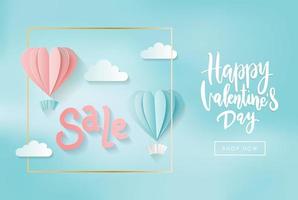 Valentine s day sale web banner of gentle pink and blue heart hot air balloons on blue sky shine background. Sale text for holiday shop discount promo design template with hand lettering vector