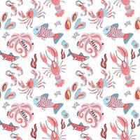Seafood seamless patern with hand drawn doodle illusration in scandinavian style. Simple Print isolated on white background. Many marine inhabitants - fishes, octopus, crab, lobster, shells vector