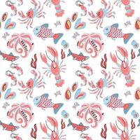 Seafood seamless patern with hand drawn doodle illusration in scandinavian style. Simple Print isolated on white background. Many marine inhabitants - fishes, octopus, crab, lobster, shells vector