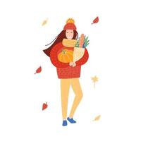 mujer joven en ropa de otoño que lleva una bolsa de compras con verduras. chica en suéter sosteniendo papel con comida saludable. ilustración de diseño plano vectorial aislado sobre fondo blanco. vector