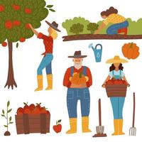 conjunto de personas de cosecha. agricultores que realizan trabajos agrícolas: recolección, plantación, cultivo y trasplante de brotes, autosuficiencia y concepto de cosecha. ilustración de vector plano dibujado a mano