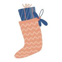 Christmas stocking filled with gift box. Xmas sock. Great symbol for Christmas cards, posters, stickers, wall art. Isolated clipart element. Vector flat Illustration. Only 5 colors - Easy to recolor.