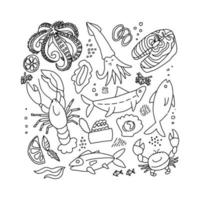 Set of outline black and white doodle hand drawn rough simple seafood sketches. Vector illustration on white background. Fish slices, lobster, crab, squid for web design, textile prints, posters, menu