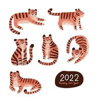 Set with abstract tiger bodies with gough textures. Symbol of 2022 new year. Print, greeting card, calendar, celebration typography poster template with cartoon style animal. Flat vector illustration.