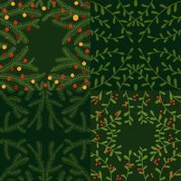 conjunto floral dibujado a mano de navidad. fondos cuadrados verdes con ramas caducas y coníferas, ramitas, hojas, bayas y adornos navideños. ilustración vectorial plana. vector