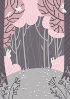 paisaje mágico del bosque de primavera. un claro con flores en el bosque rodeado de árboles rosas. fondo dibujado a mano estilo garabato. ilustración vectorial plana.