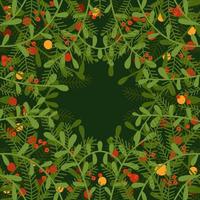 Square frame or border made of branches and twigs of coniferous and deciduous trees, berries on green background. Christmas wreath center. Vector flat hand drawn illustration.