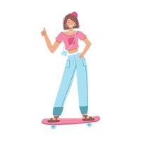 Teenage girl in cap rides a skateboard. Active lifestyle. Female character wit Thumbs Up gesture. Youth sports time. Summer active leisure concept. Cartoon flat vector illustration
