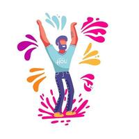 hombre barbudo divirtiéndose lanzando salpicaduras de colores en el festival de primavera de holi. plantilla para cartel de invitación. ilustración vectorial en estilo de dibujos animados plana vector