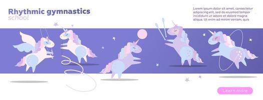 Horizontal Web banner design template for rhythmic gymnastics school. Bright violet vector illustration concept. Cute unicorns doing rhythmic gymnastics with ribbon, ball, hoop, skipping rope