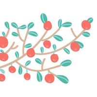 Apples on tree branch. Autumn simple flat vector illustration. Cute twig with leaves and fruits. Isolated clipart.