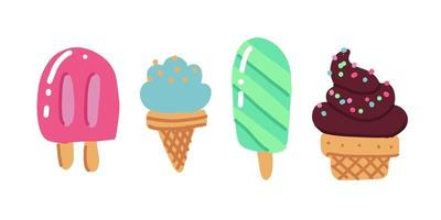 Flat hand drawn art icecream icons set. Dessert food. Set of various types simple ice cream bright color sketches - in waffle cup, popsicle.Vector scribble illustration isolated on white background vector