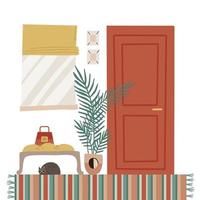 acogedor interior del vestíbulo de la casa con muebles - puerta cerrada, ventana, planta, moqueta, banquete con gato. ilustración de vector de estilo de dibujos animados plana en estilo escandinavo.