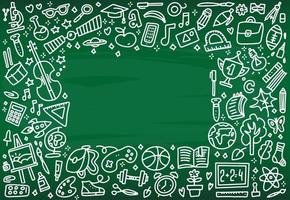 Back to School banner frame with texture from line art icons of education, science objects and office supplies on the green chalkboard background. vector