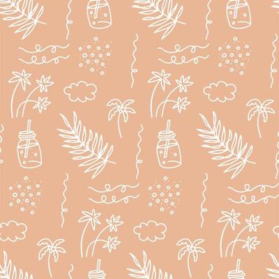 Sunner beach seamless pattern. Beautiful Summer vacation holiday beige sand color icons in hand drawn linear doodle style for fashion fabric.