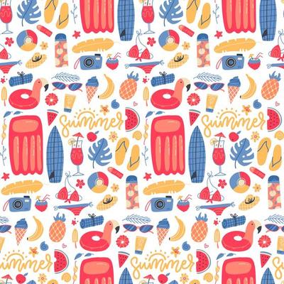 Summer vacation holiday icons seamless pattern. Bright beach relaxation elements. Vector flat hand drawn Illustration