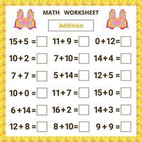 Math worksheet.Addition.Educational card for kids. vector