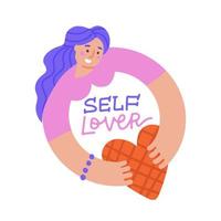 Girl holding a heart in her hands. Self lover concept. Abstract round shape in composition. Hand drawn flat illustration of mental health. vector