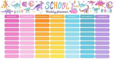 Template school timetable. Illustration includes hand drawn cartoon dinosaur characters. Seven rainbow columns to fill. Education design hand drawn doodle flat color illustration vector