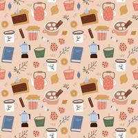 Seamless pattern of coffee, geyser coffee maker, sweeties, candles and plants on biege background. fall design of wrapping paper, wallpaper, textile design. Flat hand drawn repeating illustration. vector