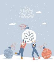 pequeños personajes felices de hombre y mujer preparándose para la navidad. gente diminuta sosteniendo una enorme bola de árbol de Navidad juntos. tarjeta de felicitación nevada de invierno. ilustración vectorial de estilo plano con texto de letras. vector