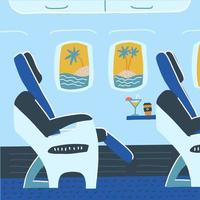 Aircraft cabin with passenger seats. Tropical vacation. Summer travelling concept. Vector flat cartoon illustration.