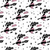 Pink and black Abstract seamless pattern for girls. Creative vector background with young witch on broom for halloween. Funny wallpaper for textile and fabric. Fashion Simple picture for children