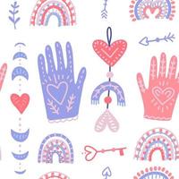 Magic hands and love moon phases. Hand drawn flat seamless pattern for Valentine s day cards or banners. vector